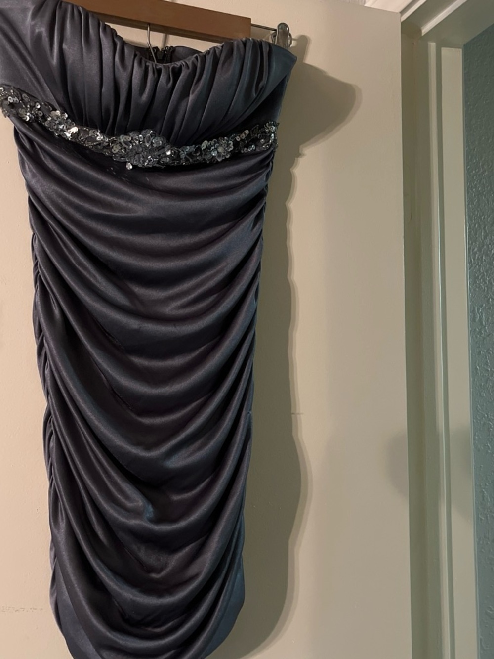 Strapless Ruched Satin Cocktail Dress with Sequin Trim - Charcoal